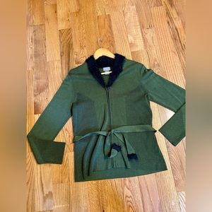 Sigred Olsen M Faux Fur Trim Silk Blend Full Zip Cardigan Jacket Belted Green